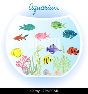 Aquarium with watercolor fish and algae. Vector illustration of fish tank Stock Vector