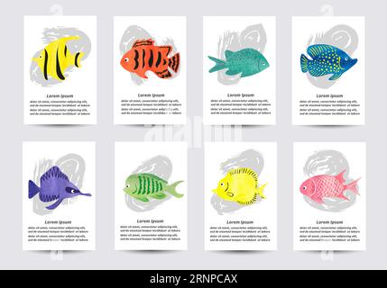Set of watercolor tropical fish. Collection of card templates for design. Vector illustration Stock Vector