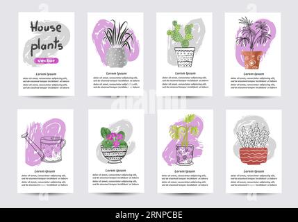 House plants in pots. Set of watercolor cards templates with flowers. Vector illustrations Stock Vector