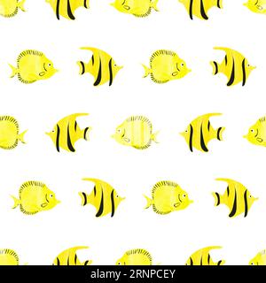 Watercolor fish seamless pattern. Yellow tropical fish isolated on white background. Bright vector wallpaper Stock Vector