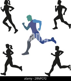 Set of running people silhouettes isolated on white background. Vector illustration Stock Vector