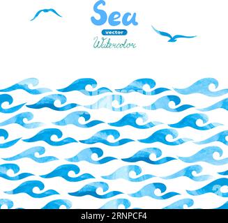 Watercolor sea background. Abstract blue painting waves isolated on white. Hand drawn vector illustration of ocean for your design Stock Vector