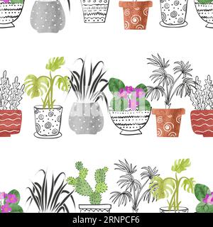 Hand drawn watercolor house plants in the pots. Seamless pattern. Vector background Stock Vector