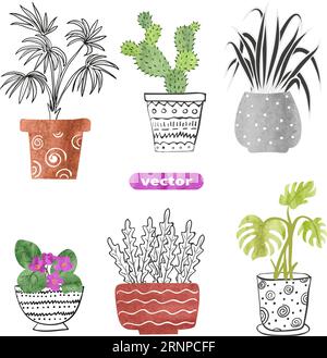 Set of hand drawn house plants in the pots isolated on white. Watercolor decorative elements. Collection of flowers. Vector illustration Stock Vector