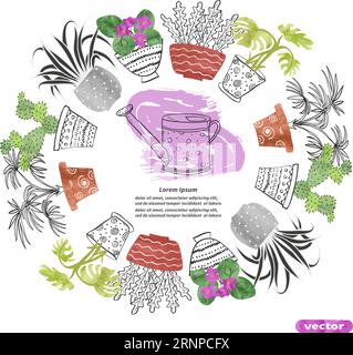 Round frame with plants in the pots. Vector decorative background Stock Vector