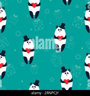 Seamless pattern with cute panda bears holding hearts. Vector background Stock Vector