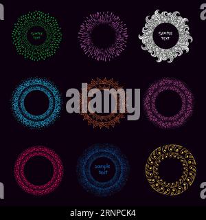 Set of hand drawn round colorful frames on dark background. Collection of vector round decorative elements for your design Stock Vector
