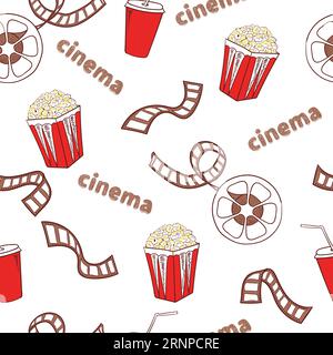 Cinema seamless pattern. Popcorn, film reels and strips isolated on white background Stock Vector