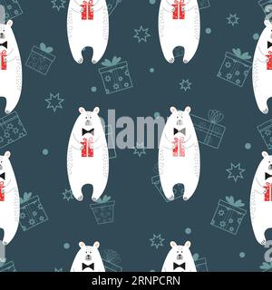 Seamless pattern with cute cartoon polar bears holding gifts. Vector background suitable for wallpaper, wrapping, textile Stock Vector