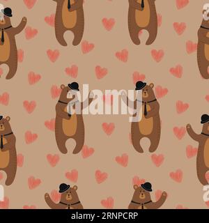 Seamless pattern with cute cartoon bears and hearts. Romantic background. Kids design. Suitable for wallpaper, backdrop, textile Stock Vector