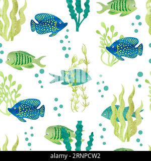 Watercolor fish seamless pattern. Tropical fish and seaweeds on white background. Vector Stock Vector