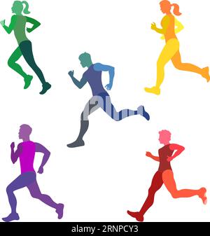 Running people set. Colorful silhouettes of runners. Running man and woman, all part of body separately. Make your own runners. Vector illustration Stock Vector