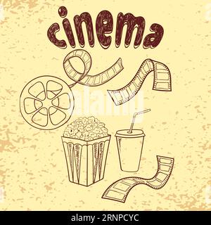 Doodle cinema symbols - popcorn, film strip and reel. Sketch vector illustration in vintage style Stock Vector