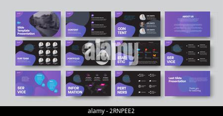 Presentation slides with purple abstract design on black background, brochure for annual report, business concept, vector infographics. Set of corpora Stock Vector