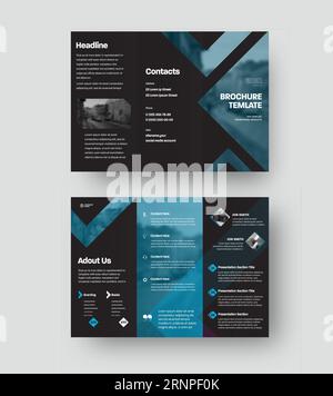Vector trifold with presentation of company information, creative design, inserts from triangles, photos, on a black background. Brochure template wit Stock Vector
