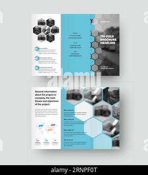 Presentation of vector trifold template with hexagons, blue design elements on white background. Layout of a creative brochure with a headline, inform Stock Vector