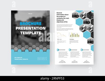 Vector brochure template with creative design presentation, blue, gray hexagons, place for photo, information on white background. Set of booklets wit Stock Vector