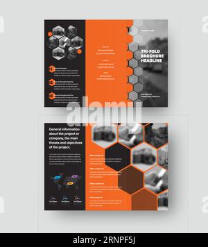 Vector trifold template presentation with hexagons, orange design elements on black background. Layout of creative brochure with title, information fo Stock Vector