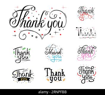 Vector illustration with handwritten letters of thanks, colorful bright decor on a white background. Set of calligraphic art compositions. Text presen Stock Vector