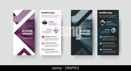 Stylish vector dl flyer template with triangular photo inserts, purple,gray elements, brochure design isolated on background. Cover layout for informa Stock Vector