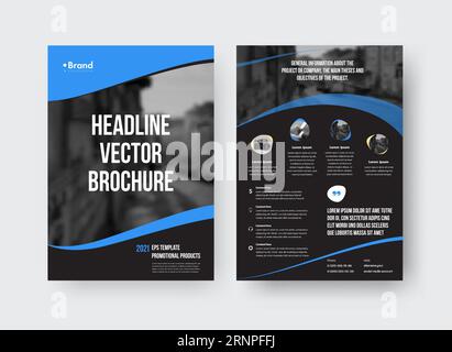 Vector brochure template with presentation of blue design elements, lines, place for photo, information, page on black background. Set of booklets wit Stock Vector