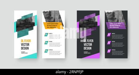 Vector dl flyer template with white and black background, with turquoise, purple geometric elements, stylish brochure design. Booklet layout with desi Stock Vector