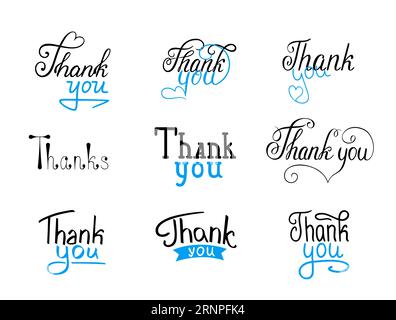 Thank you - vector calligraphic lettering in blue, black isolated on white background. Handwritten text script for message. Stylish fonts, phrases for Stock Vector