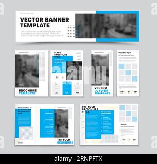 Vector brochure template with place for photo, blue square design elements, for business concept. Dl flyer with headline, information. Booklet, trifol Stock Vector