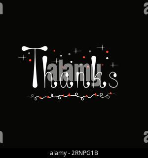 Beautiful white inscription 'thanks' with red decor, circles, stars, ribbon on a black background. Vector illustration for print, mailing, postcards. Stock Vector