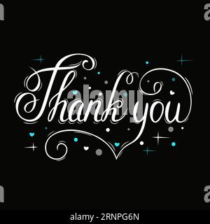 Vector white inscription 'Thank you' with blue decor, circles, hearts, stars, with beautiful strokes for cards, on a black background. Calligraphic fo Stock Vector