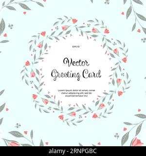 Vector greeting card with floral ornaments on a green background. Postcard template with flowers, twigs, leaves, and a white circle for an inscription Stock Vector