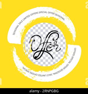 Vector illustration, banner, tag with stylish lettering on yellow background with place for photo, white brush strokes. Template for business promotio Stock Vector
