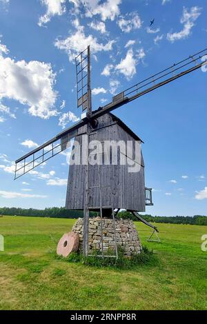 Old wooden Estonian windmill on Vislandi island. Neighbor island to Saaremaa Island, Estonia Stock Photo