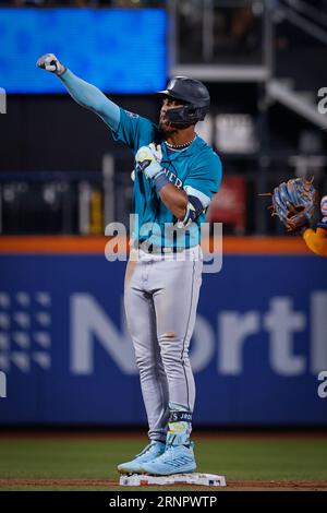 Sep 01, 2023; New York City, New York, USA; Seattle Mariners center fielder Julio Rodriguez (44) hits a double to center field in the eighth inning against the New York Mets at Citi Field. (Ariel Fox/Image of Sport) Stock Photo