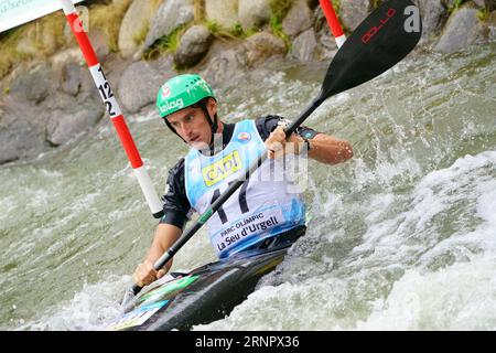 2nd September 2023;  Canal Olimpic de Segre, La Seu d'Urgell, Spain: ICF Canoe Slalom World Cup, Final Men's Kayak, Mario Lietner (AUT) Credit: Joma/Alamy Live News Stock Photo