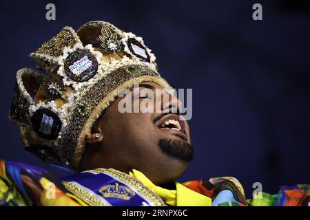 Rio De Janeiro, Brazil. 02nd Sep, 2023. Caio César Dutra (r) from the Estação Primeira de Mangueira, performs during the 'King and Queen of Carnival 2024' competition. A jury in the Brazilian metropolis on Friday evening (local time) chose the 26-year-old merchant César as the new 'Rei Momo' and the 20-year-old small businesswoman Mendes as the 'Rainha do Carnaval'. They are to 'reign' during Carnival in February. Credit: Joao Gabriel Alves/dpa/Alamy Live News Stock Photo