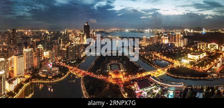 (170910) -- BEIJING, Sept. 10, 2017 -- Stitched photo taken on Aug. 24, 2017 shows the night view of Yundang Lake in Xiamen, host city for the 2017 BRICS Summit, in southeast China s Fujian Province. ) WEEKLY CHOICES OF XINHUA PHOTO LixXin PUBLICATIONxNOTxINxCHN Stock Photo