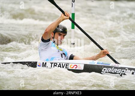 2nd September 2023;  Canal Olimpic de Segre, La Seu d'Urgell, Spain: ICF Canoe Slalom World Cup, Final Men's Kayak, Miquel Trave (ESP) Credit: Joma/Alamy Live News Stock Photo