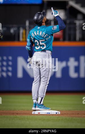 Sep 01, 2023; New York City, New York, USA; Seattle Mariners right fielder Teoscar Hernandez (35) hits double to center in the seventh inning against the New York Mets at Citi Field. (Ariel Fox/Image of Sport) Stock Photo