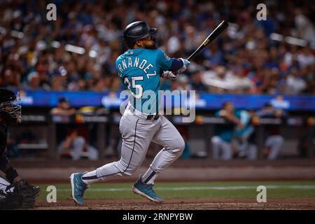 Sep 01, 2023; New York City, New York, USA; Seattle Mariners right fielder Teoscar Hernandez (35) hits double to center in the seventh inning against the New York Mets at Citi Field. (Ariel Fox/Image of Sport) Stock Photo