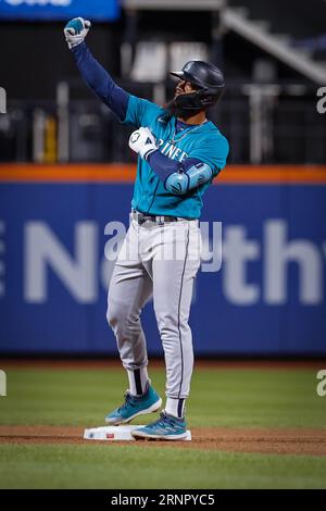 Sep 01, 2023; New York City, New York, USA; Seattle Mariners right fielder Teoscar Hernandez (35) hits double to center in the seventh inning against the New York Mets at Citi Field. (Ariel Fox/Image of Sport) Stock Photo