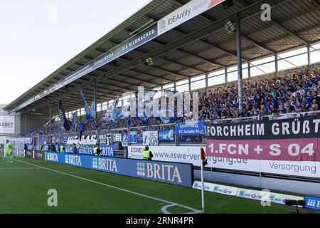 Wiesbaden, Germany. 02nd Sep, 2023. Soccer: 2nd Bundesliga, Matchday 5, SV Wehen Wiesbaden - FC Schalke 04 at the BRITA Arena. Numerous Schalke fans made the trip to Wiesbaden. Credit: Jürgen Kessler/dpa - IMPORTANT NOTE: In accordance with the requirements of the DFL Deutsche Fußball Liga and the DFB Deutscher Fußball-Bund, it is prohibited to use or have used photographs taken in the stadium and/or of the match in the form of sequence pictures and/or video-like photo series./dpa/Alamy Live News Stock Photo
