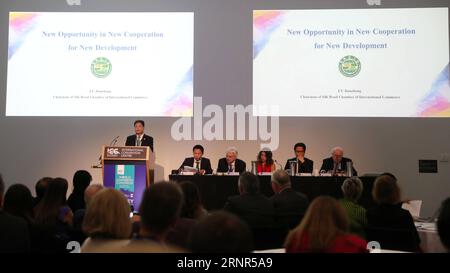 (170919) -- SYDNEY, Sept. 19, 2017 -- President of the Silk Road Chamber of International Commerce (SRCIC) Lu Jianzhong (1st L, back) speaks at the 10th World Chambers Congress in Sydney, Australia, Sept. 19, 2017. The 10th World Chambers Congress kicked off in Sydney on Tuesday, with some of the world s brightest minds on hand to discuss ways to transform the future of business and stoke the economy. ) (zcc) AUSTRALIA-SYDNEY-10TH WORLD CHBERS CONGRESS BaixXuefei PUBLICATIONxNOTxINxCHN Stock Photo