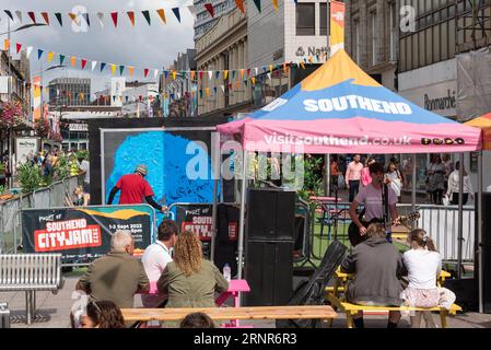 Southend City Jam and events taking place in the pedestrianised High Street of Southend on Sea, Essex, UK. Live music entertaining public visitors Stock Photo