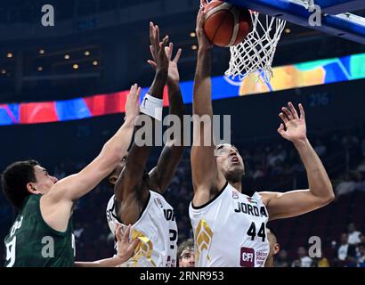 Manila, Philippines. 2nd Sep, 2023. Ahmad Dwairi (R) of Jordan competes during the classification round 17-32 match between Jordan and Mexico at the 2023 FIBA World Cup in Manila, the Philippines, Sept. 2, 2023. Credit: He Changshan/Xinhua/Alamy Live News Stock Photo