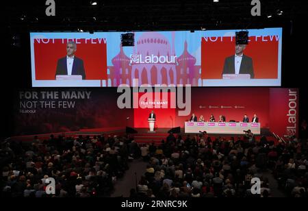 (170925) -- BRIGHTON, Sept. 25, 2017 -- Sadiq Khan, member of Parliament and Mayor of London, delivers a speech during the second day of the Labour Party Conference in Brighton, Britain, on Sept. 25, 2017. ) BRITAIN-BRIGHTON-LABOUR PARTY-ANNUAL CONFERENCE 2017-DAY 2 HanxYan PUBLICATIONxNOTxINxCHN Stock Photo