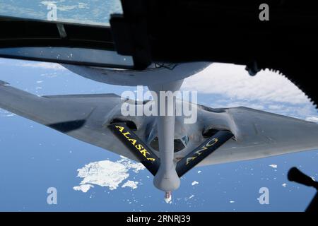 Alaska, United States. 15 August, 2023. A U.S. Air Force B -2 Spirit Stealth Bomber with the 509th Bomb Wing, connects to a KC-135 Stratotanker aircraft to refuel during exercise Red Flag Alaska-23, August 15, 2023 over Alaska, USA.  Credit: SMSgt. Julie Avey/U.S. Air Force Photo/Alamy Live News Stock Photo