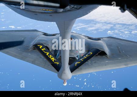 Alaska, United States. 15 August, 2023. A U.S. Air Force B -2 Spirit Stealth Bomber with the 509th Bomb Wing, connects to a KC-135 Stratotanker aircraft to refuel during exercise Red Flag Alaska-23, August 15, 2023 over Alaska, USA.  Credit: SMSgt. Julie Avey/U.S. Air Force Photo/Alamy Live News Stock Photo