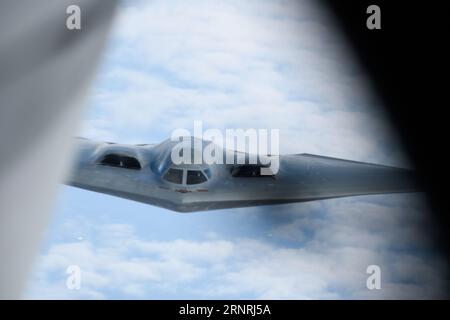 Alaska, United States. 15 August, 2023. A U.S. Air Force B -2 Spirit Stealth Bomber with the 509th Bomb Wing, approaches a KC-135 Stratotanker aircraft to refuel during exercise Red Flag Alaska-23, August 15, 2023 over Alaska, USA.  Credit: SMSgt. Julie Avey/U.S. Air Force Photo/Alamy Live News Stock Photo