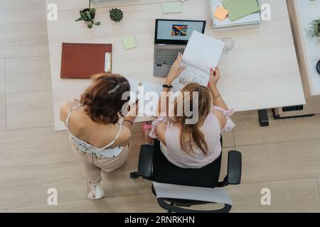 Two businesswomen working on a new project at the office, analyzing reports or paperwork, discussing details or instructions and planning. Teamwork co Stock Photo